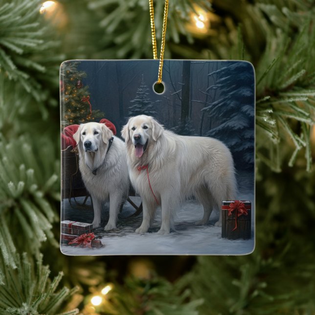 Underbara Pyrenéerna Snowy Sleigh-juldekretet Julgransprydnad Keramik (Träd)