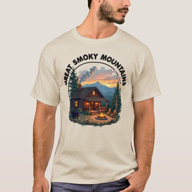 Underbara rökiga berg - björn och kabin t shirt (Framsida)