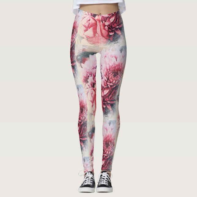 Underbara Rosa Ros Chrysanthemum Blommor Leggings (Framsida)