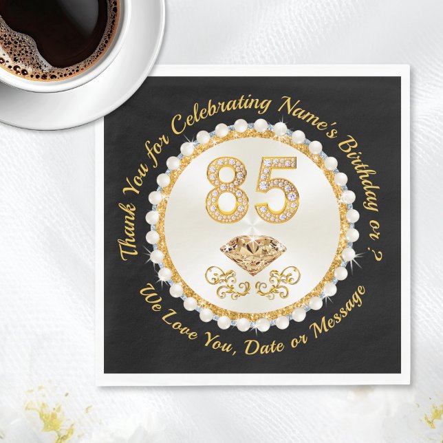 Underbara svarta och gyllene servetter för 85-årsf (85th birthday napkins. Beautiful, 85th birthday decorating ideas. 85th birthday supplies for women. )