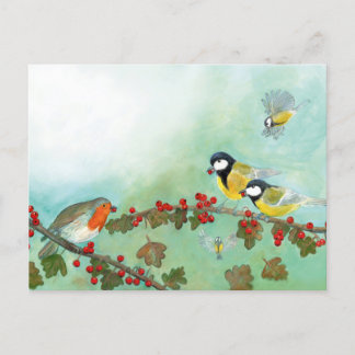 Underbara Tit Birds, Red Robin och Hawthorn Berrie Helg Vykort