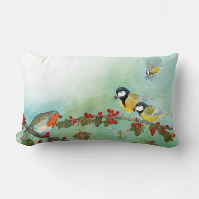 Underbara Tit Birds, Red Robin och Hawthorn Berrie Lumbarkudde (Framsida)