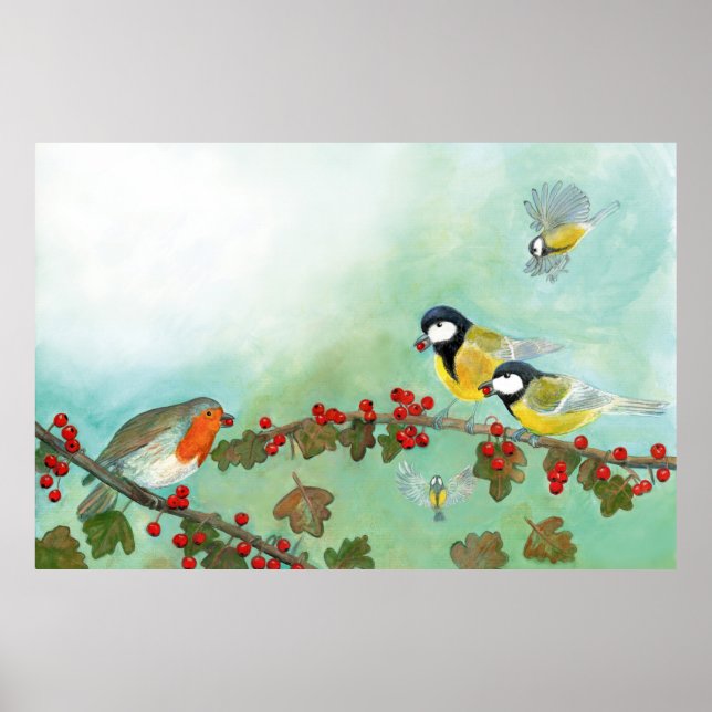 Underbara Tit Birds, Red Robin och Hawthorn Berrie Poster (Framsidan)