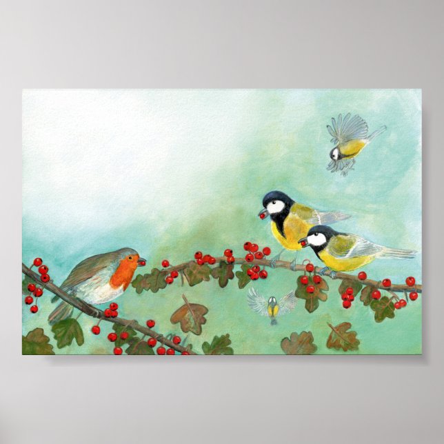 Underbara Tit Birds, Red Robin och Hawthorn Berrie Poster (Framsidan)