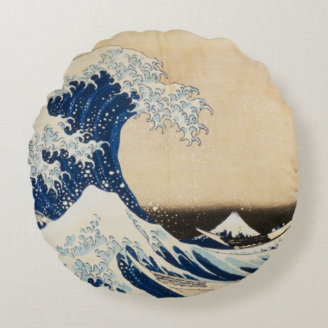 Underbara vågen av Kanagawa av Hokusai Rund Kudde (Framsidan)