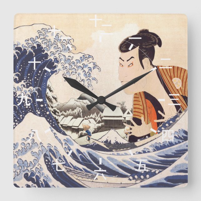 Underbara Wave Ukiyoe Collages Fyrkantig Klocka (Framsida)