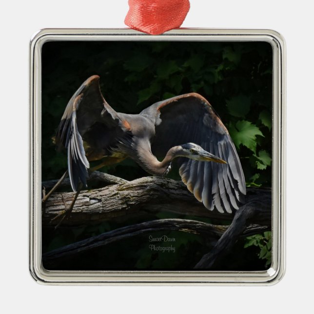 Underbarare Blue Heron i flyg Julgransprydnad Metall (Framsidan)