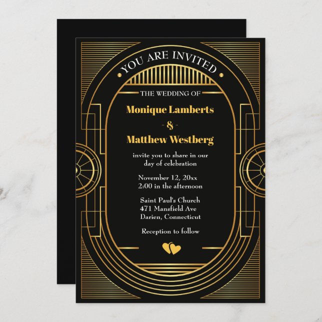 Underbarare Gatsby Bröllop Art Deco Black & Guld V Inbjudningar (Fram/baksida)