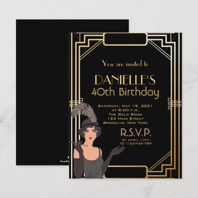 Underbarare Gatsby Inspired Art Deco Birthday-inbj Inbjudningar (Fram/baksida)