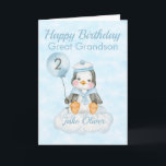 Underbarare Grandson Blue Penguin 2:a födelsedagsk Kort<br><div class="desc">En söt Underbarare farmor på andra födelsedagen, baby pingvin. Kortet innehåller en pingguin sitta i pojke på ett moln som innehåller en ballong. En söt design för din underbarare barnson eller barnson som blir två år gammal. Lägg till barnet, s namn på kortets framsida för att anpassa det för den...</div>