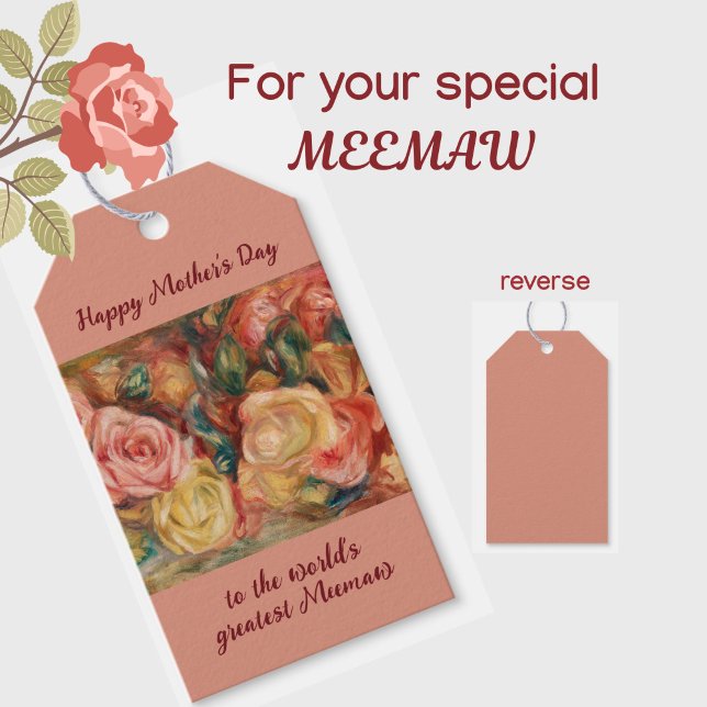 "Underbarare Meemaw" Södra mormor Mors dag Presentetikett (Beautiful floral roses gift tags for your special Meemaw grandmother on Mother's Day! Customizable )