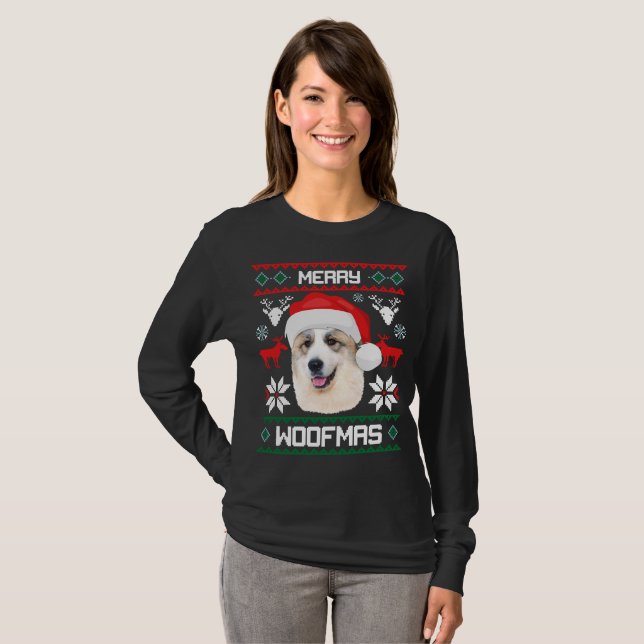 Underbarare Pyrenéerna Merry Woofmas julafton T Shirt (Hel framsida)
