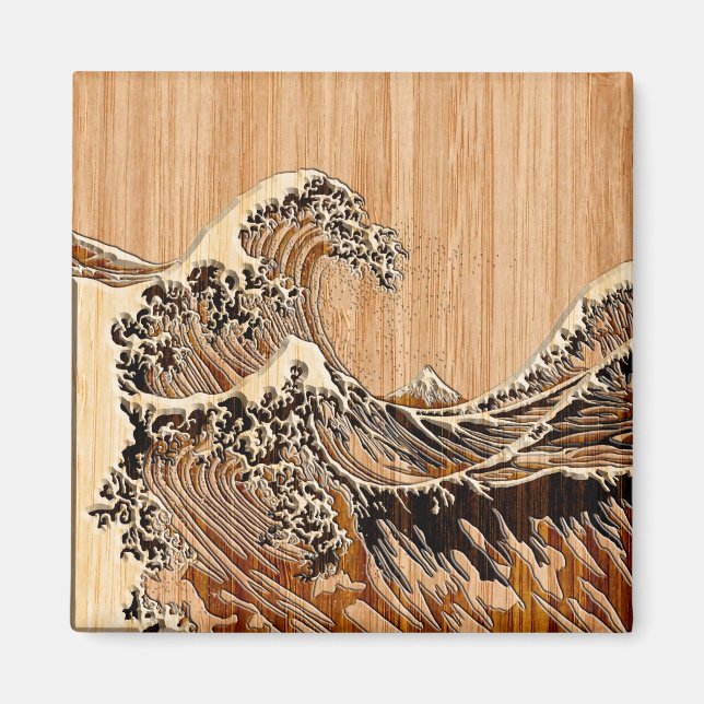 Underbaren Hokusai Wave Bamboo Wood Grain Stil Magnet (Framsidan)
