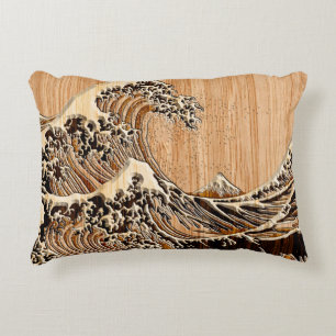Underbaren Hokusai Wave Bamboo Wood Grain Stil Prydnadskudde