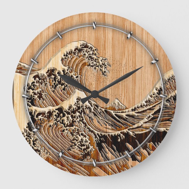 Underbaren Hokusai Wave Bamboo Wood Grain Stil Stor Klocka (Framsida)