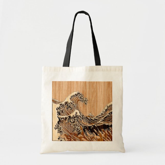 Underbaren Hokusai Wave Bamboo Wood Grain Stil Tygkasse (Framsidan)