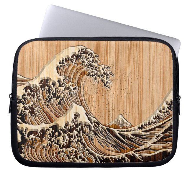 Underbaren Hokusai Wave Bamboo Wood Inlay Stil Laptop Sleeve (Framsidan)