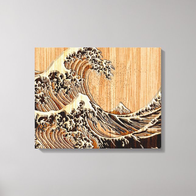 Underbaren Hokusai Wave Bamboo Wood Stil Canvastryck (Framsida)