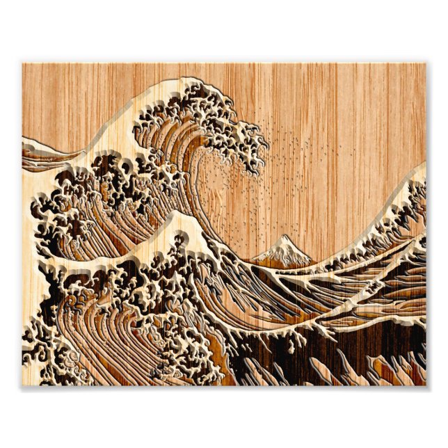 Underbaren Hokusai Wave Bamboo Wood Stil Fototryck (Framsidan)