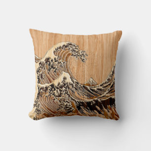 Underbaren Hokusai Wave Bamboo Wood Stil Kudde