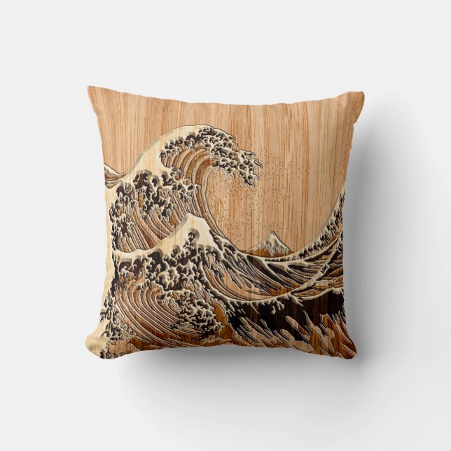 Underbaren Hokusai Wave Bamboo Wood Stil Kudde (Framsida)