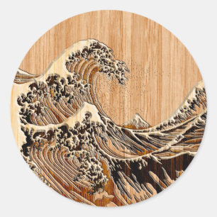 Underbaren Hokusai Wave Bamboo Wood Stil Runt Klistermärke