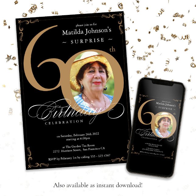 Underbart 60-dagars Elegant Black Guld Photo Inbjudningar (Surprise 60th Birthday Elegant Black Gold Photo Invitation)