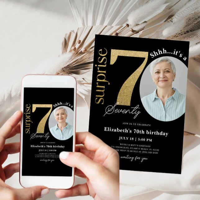 Underbart 70:e reklamfoto för Black Guld på födels Inbjudningar (Surprise 70th birthday invitation)