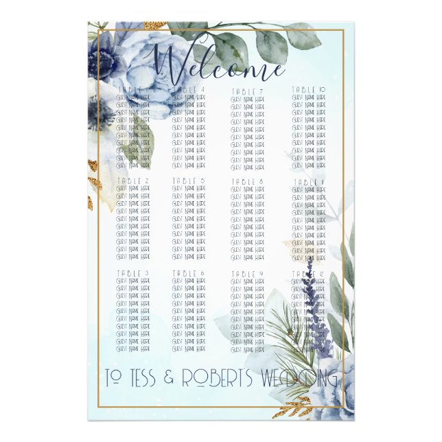 Underbart Blåa blommor med sittdiagram för Guld Fototryck (Framsidan)