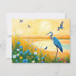 Underbart Blue Heron Sunset Wildblomma liggande Vykort