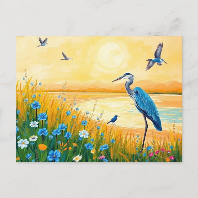 Underbart Blue Heron Sunset Wildblomma liggande Vykort (Framsida)