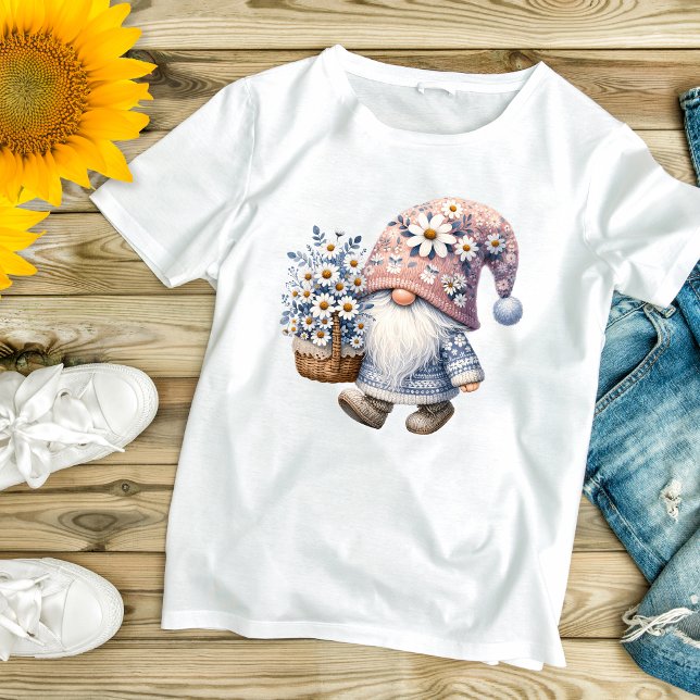 Underbart Cute Daisy Flower Gnome Women's T Shirt (Daisy Flowers Gnome Women's T-shirt in Gray and White.)