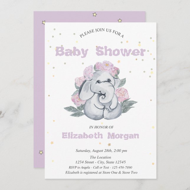 Underbart elefant,Stars Flowers Baby Shower Inbjudningar (Fram/baksida)