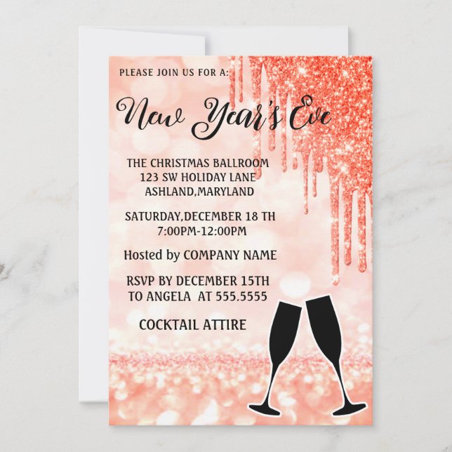 Underbart, Elegant, Rosa nyår Vin Glass Inbjudningar (Framsida)