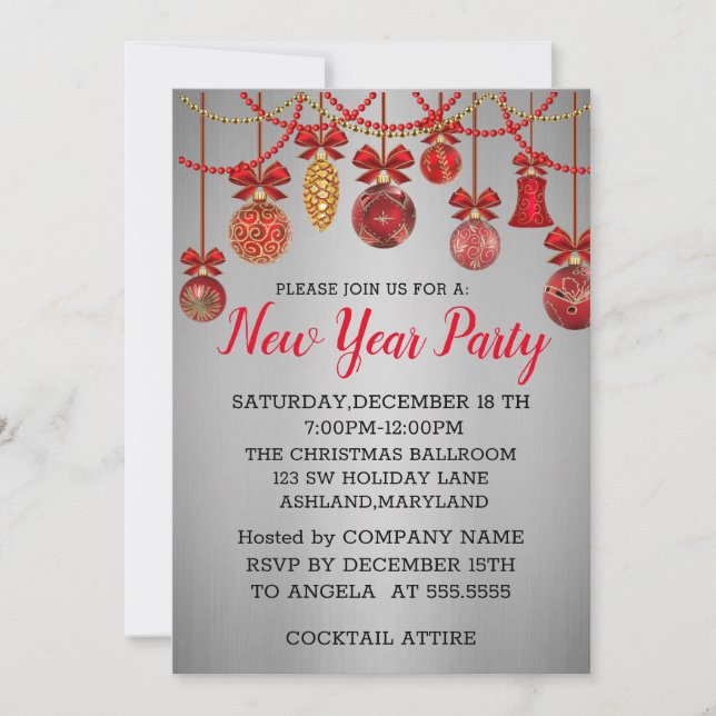 Underbart, Fantastisk Red Bollar nyår Inbjudningar (Framsida)