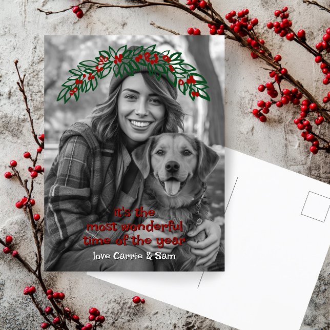 Underbart Garland Wandeand ANPASSNINGSBAR PHOTO-ju Helg Vykort (Wonderful Garland Wreath CUSTOM PHOTO Christmas Holiday Postcard
)