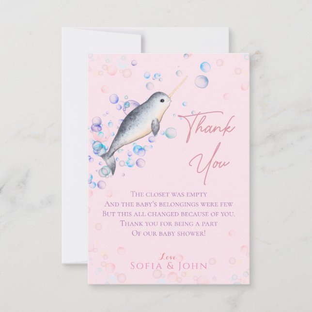 Underbart hav baby Narwhal och bubblor Tack Kort (Framsida)