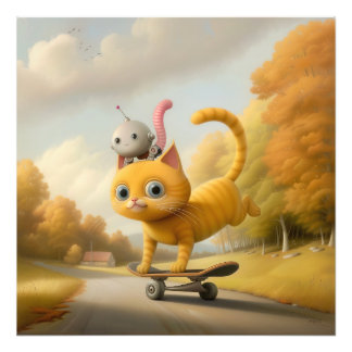 Underbart Kat och lilla robot: Skateboard-färdighe Fototryck