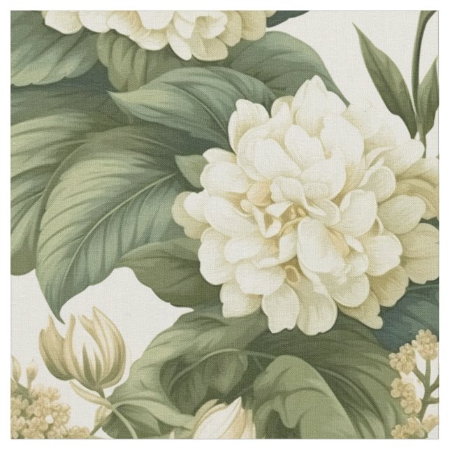 Underbart klassiskt vitt oliv grönt blommönster tyg (Närbild)