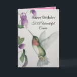 Underbart kusin födelsedag Hummingbird-kort Kort<br><div class="desc">Fira din underbara kusins födelsedag med en elegant hummingbird design på ett charmerande hälsningskort. Skapat från min ursprungliga vattenfärgläggning kommer den vackra lilla fågel- och blombilden att göra fågelskådare, trädgårdsmästare och naturområde älskare ljusare. Den speciella kvinnan i ditt liv kommer att kärlek den pastellala färgen av kräm, rosa och grönt...</div>