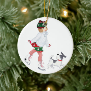 Underbart liten flicka som kissar på is och Hund Julgransprydnad Keramik
