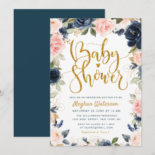 Underbart navy och blommigt babydusch inbjudningar