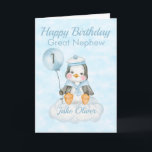 Underbart Nephew Penguin 1:a födelsedagskort Kort<br><div class="desc">Ett sött Underbart nesuw-födelsedagskalender baby pingguinfödelsedagskort. Kortet har en pojke penguin sitta på ett moln med ballong. En söt design för din underbara Nephew, Nephew eller Gud son som kommer att vara 1 år gammal. Lägg till barnet, namn på kortets framsida för att anpassa det för den speciella pojken. Kortet...</div>