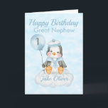 Underbart Nephew Penguin 1:a födelsedagskort Kort<br><div class="desc">Ett sött Underbart nesuw-födelsedagskalender baby pingguinfödelsedagskort. Kortet har en pojke penguin sitta på ett moln med ballong. En söt design för din underbara Nephew, Nephew eller Gud son som kommer att vara 1 år gammal. Lägg till barnet, namn på kortets framsida för att anpassa det för den speciella pojken. Kortet...</div>