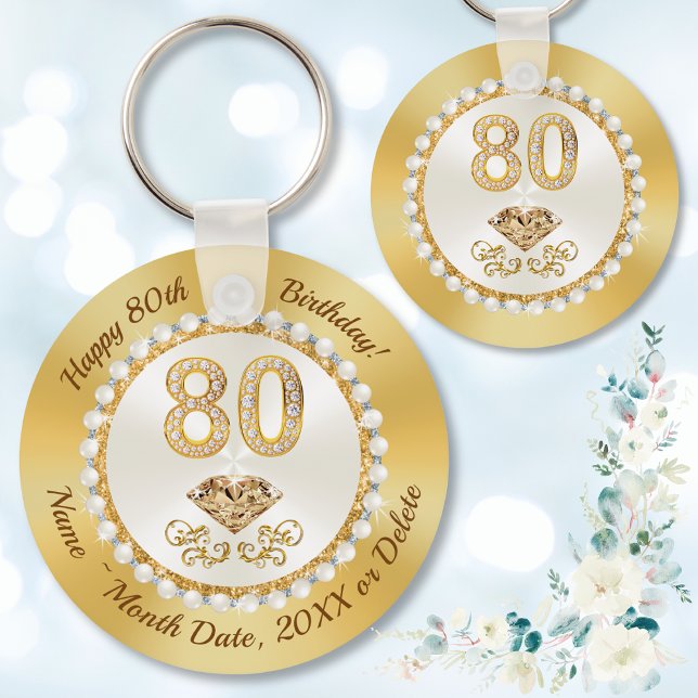 Underbart, Personlig för 80:e födelsedagen. Nyckelring (80th birthday party favors. Party favors for 80th birthday ideas. Gold and Ivory, 80th birthday)