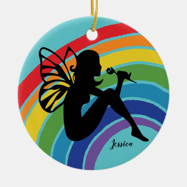 Underbart Rainbow Fairy Girl Monogram LGBTQ Julgransprydnad Keramik (Framsidan)