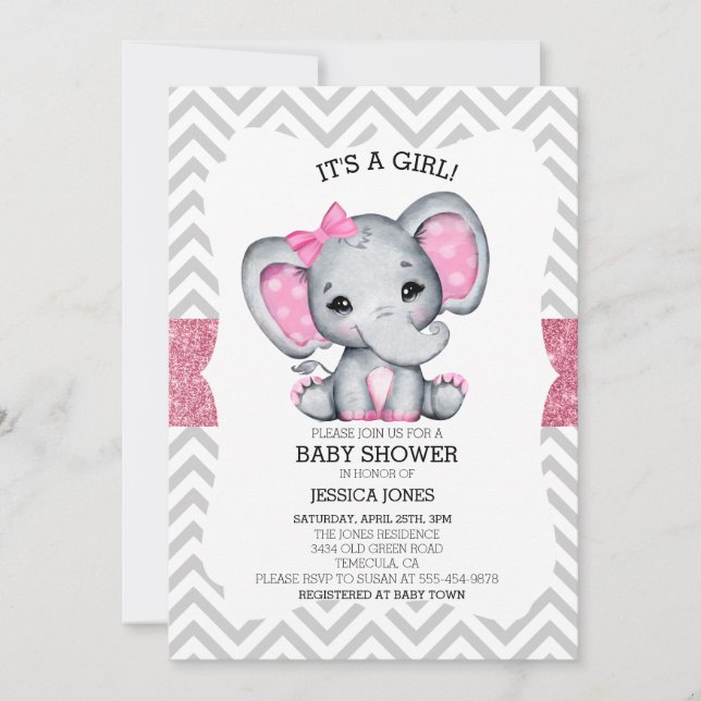 Underbart Rosa Elephant Chevron Glitter Baby Showe Inbjudningar (Framsida)