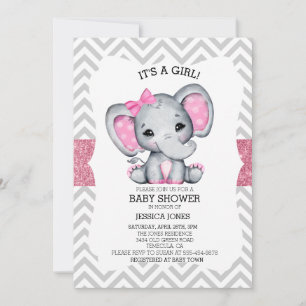 Underbart Rosa Elephant Chevron Glitter Baby Showe Inbjudningar