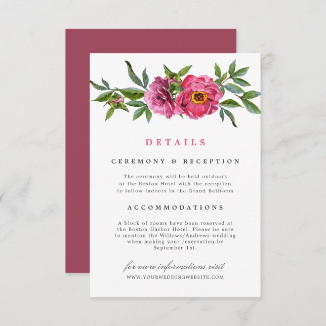 Underbart Rosa Peonies Blommigt Bröllop Detaljer Inbjudningar (Fram/baksida)