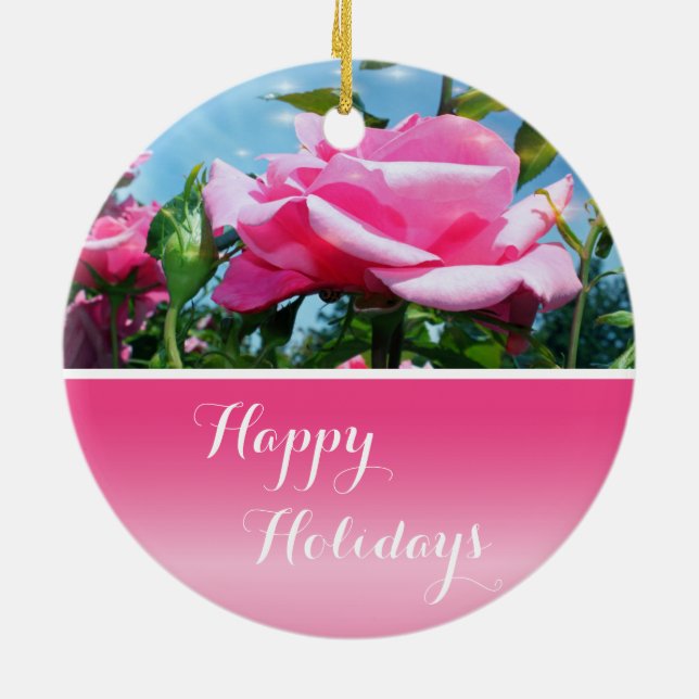 Underbart rosa ros i blå himmel. Glad helg Julgransprydnad Keramik (Baksidan)